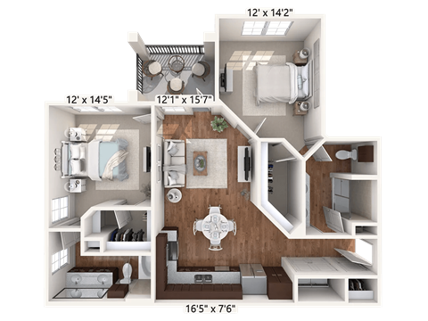 Floor plan for 2 beds, 2 baths, 1039 sqft